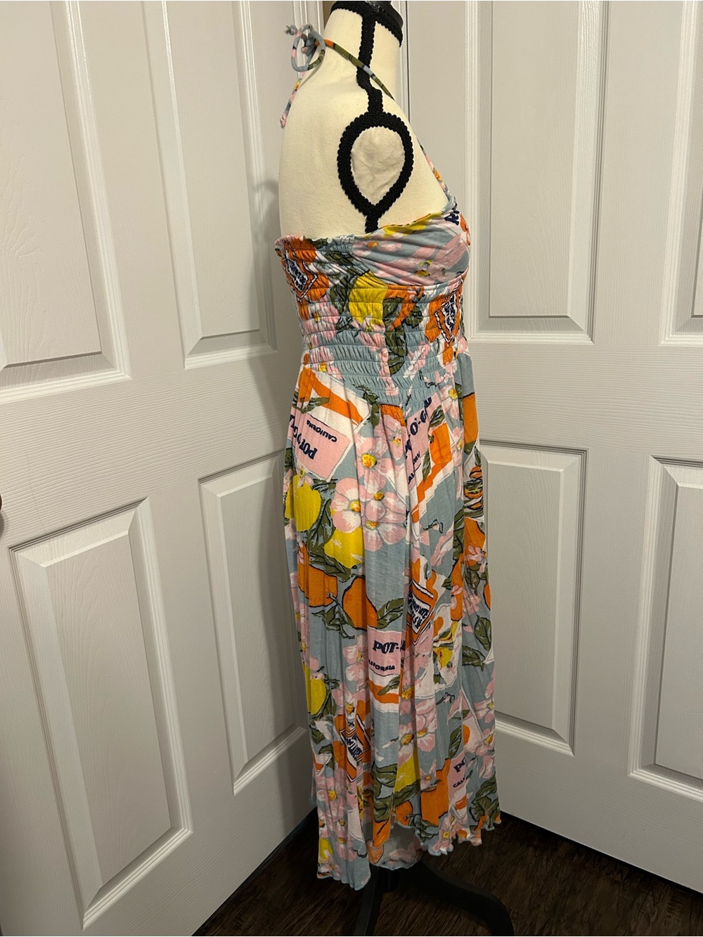UO Out From Under Citrus Flower Print Smocked Halter Wide Leg Jumpsuit Orange S - Picture 5 of 9
